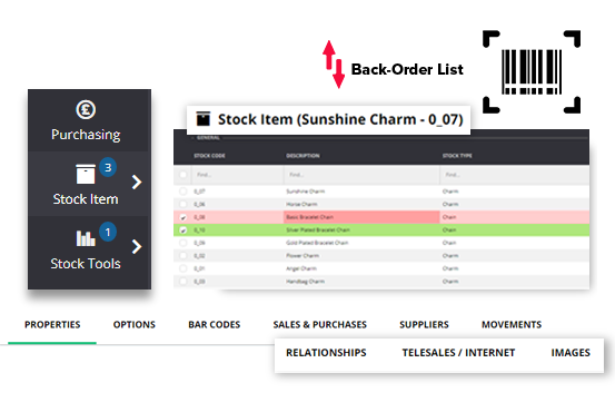 Various parts of the Khaos Control Cloud interface related to stock items, including a list of stock items, a stock item name and a barcode
