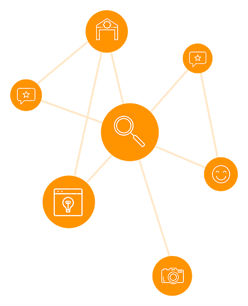 Various icons in circles connected together with lines