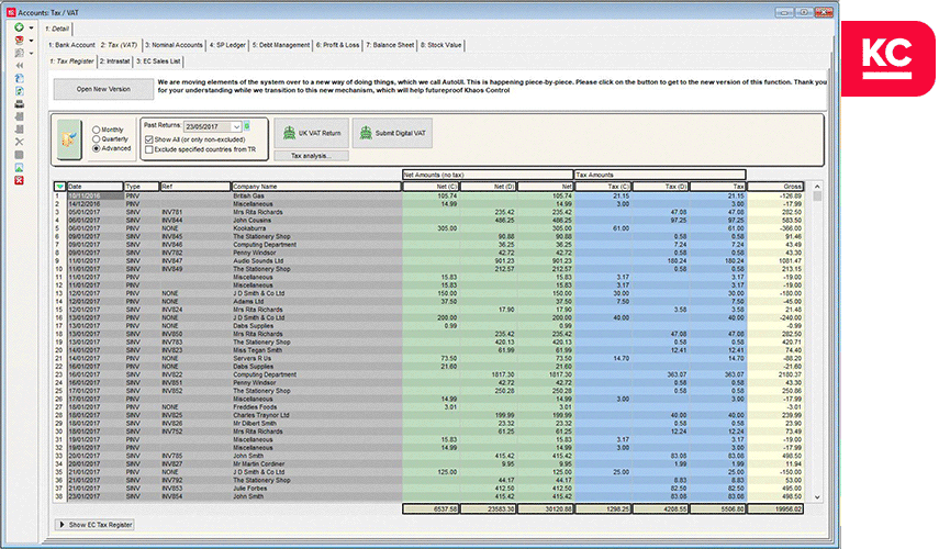 A screenshot of the accounts tax register screen in Khaos Control