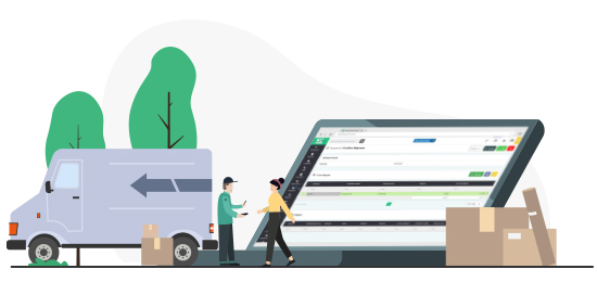 no-lazyload Illustration of a person receiving a delivery with a large laptop in the background displaying courier management software