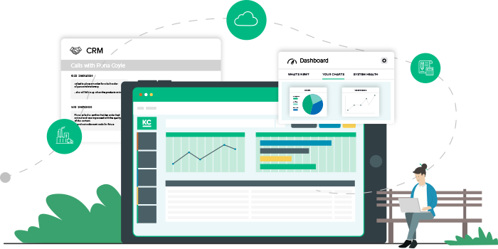 no-lazyload Khaos Control Cloud dashboard and CRM coming out of an animated tablet device.