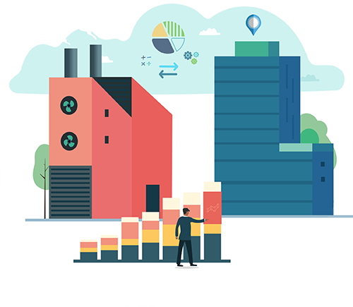 no-lazyload Two buildings with a man standing in front of a bar graph