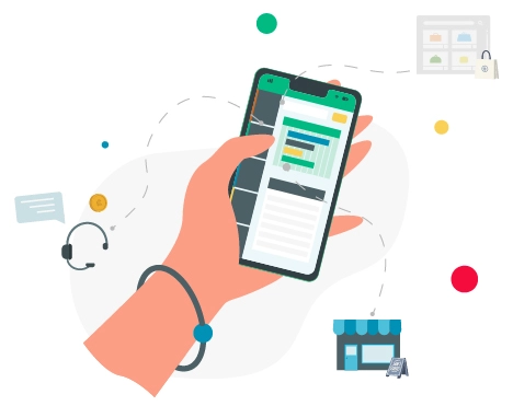 Illustration of a hand using a mobile device. Elements coming from the mobile including a show, website and chat headset