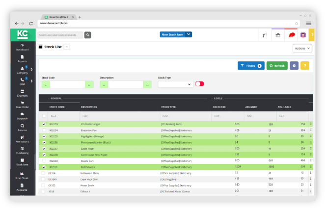 Khaos Control Cloud stock list screen.