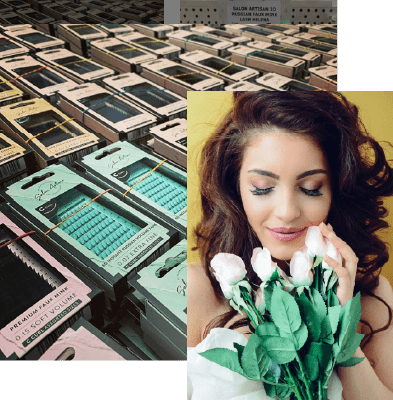 A picture of a group of 6th Floor Beauty products and a picture of a lady smelling flowers