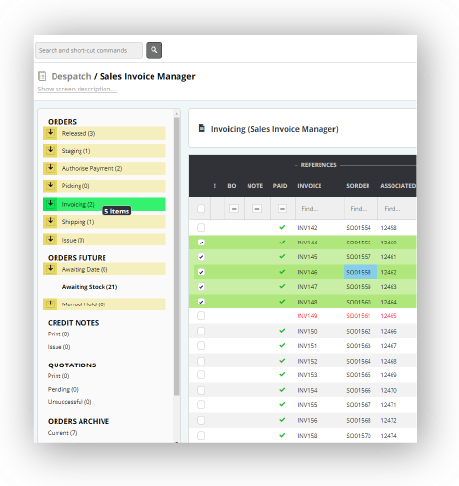 A screenshot of the sales invoice manager screen in Khaos Control Cloud