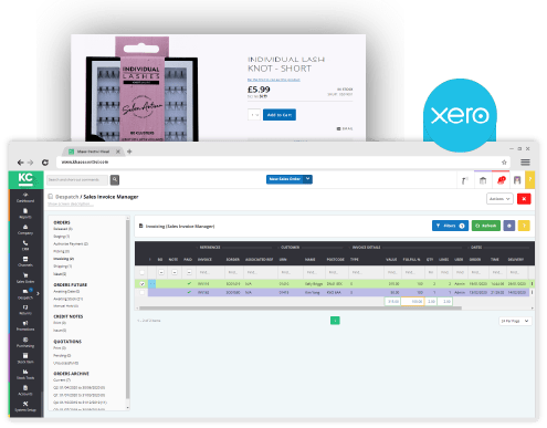 A screenshot of a product page on the 6th Floor Beauty website and a screenshot of the sales invoice manager screen in Khaos Control Cloud