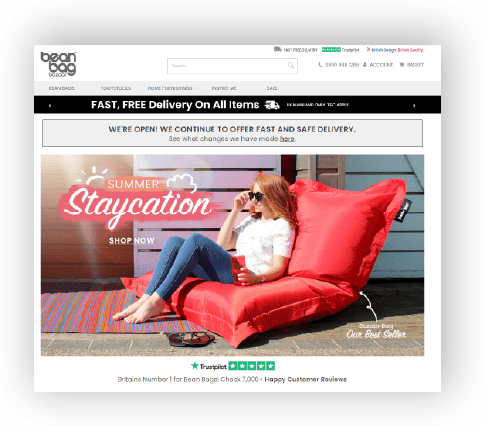 A screenshot of the Bean Bag Bazzaar website home page