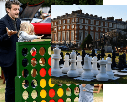 A selection of overlapping images showing giant chess and connect 4