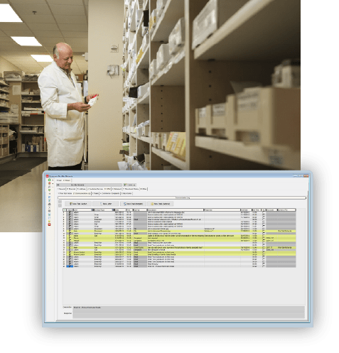A screenshot of a pharmacist looking at drugs on a shelf and a screenshot of Khaos Control