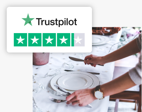 A 5 star review from TrustPilot with dining plates in the background