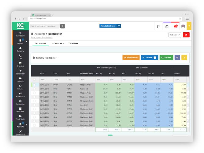 Khaos Control Cloud system showing the tax register screen