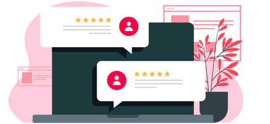 no-lazyload Graphic illustration of a laptop with speech bubbles popping out with a person icon and 5 stars