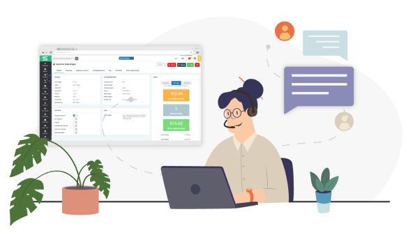 no-lazyload Illustration of a woman at a desk on a laptop with a crm screen displayed beside her