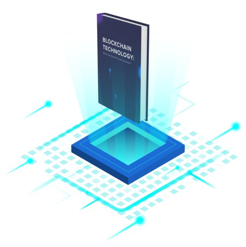 no-lazyload A stylised image of a book with blockchain technology written on it hovering over a blue square hole with blue light coming out of it