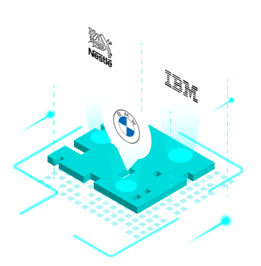 A stylised image of the BMW, Nestle, and IBM logos hovering over a blue square with lines around it