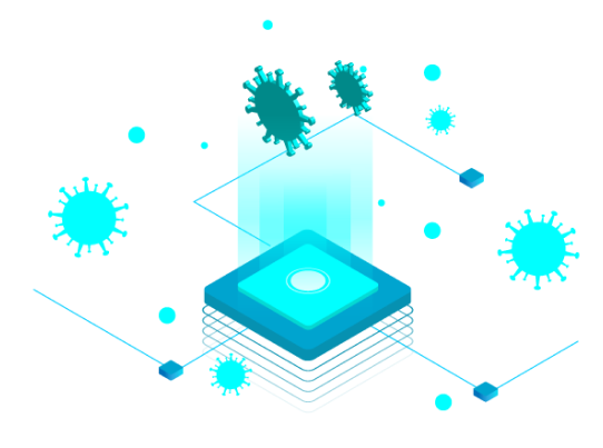 A stylised image of a blue square with blue light coming out of it with virus symbols around it