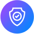 A blue and purple circle with a white shield symbol on it, that has a tick in the middle