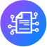 A blue and purple circle with a white page symbol with lines coming out of it