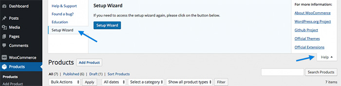 Getting Started with WooCommerce - Rerun A screenshot of how to get to the WooCommerce setup wizard in the WordPress CMS