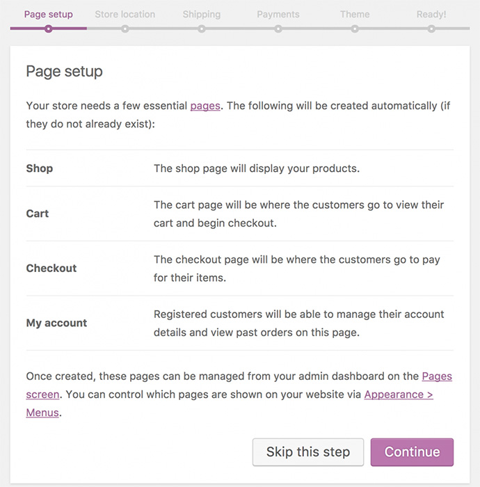 Getting Started with WooCommerce - Page Setup A screenshot of the WooCommerce setup wizard page setup screen