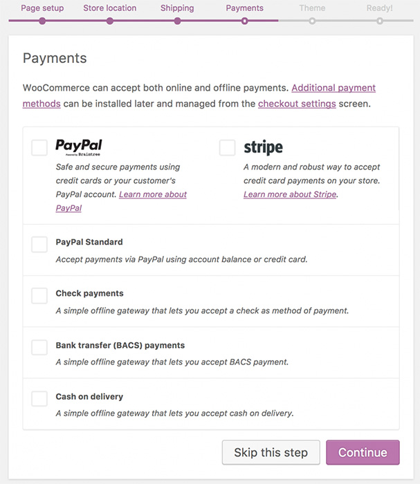 Getting Started with WooCommerce - Payments A screenshot of the WooCommerce setup wizard payment method settings
