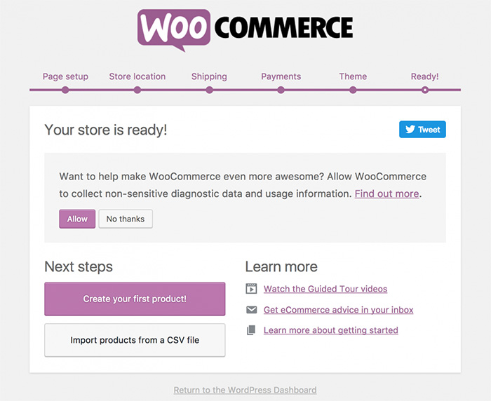 Getting Started with WooCommerce - Ready A screenshot of the WooCommerce setup wizard completion screen
