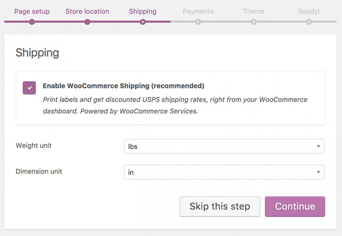 Getting Started with WooCommerce - Shipping A screenshot of the WooCommerce setup wizard shipping settings