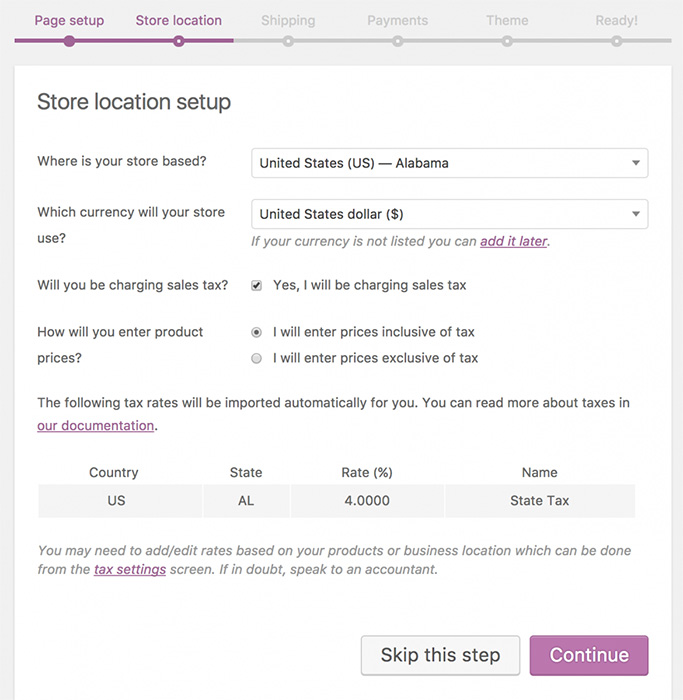 Getting Started with WooCommerce - Location A screenshot of the WooCommerce setup wizard store location settings