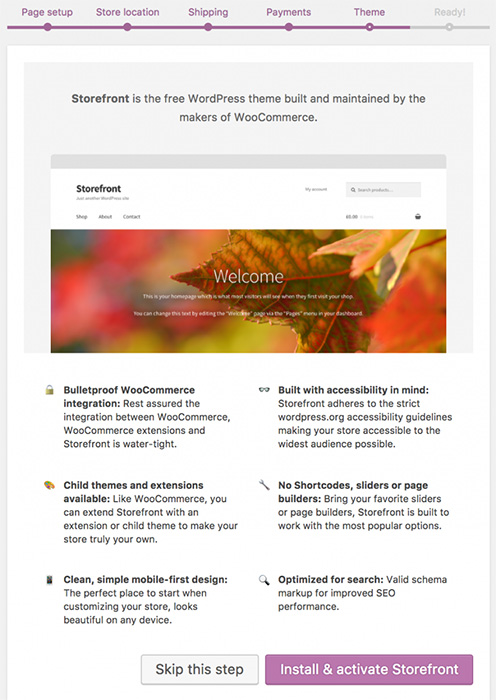 Getting Started with WooCommerce - Themes A screenshot of the WooCommerce setup wizard theme settings