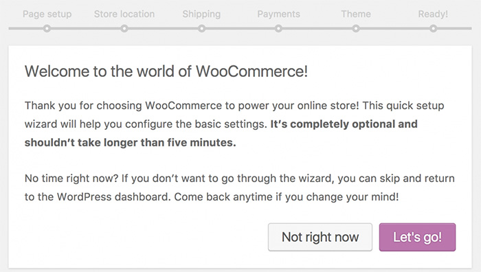 Getting Started with WooCommerce - Welcome A screenshot of the WooCommerce setup wizard welcome message
