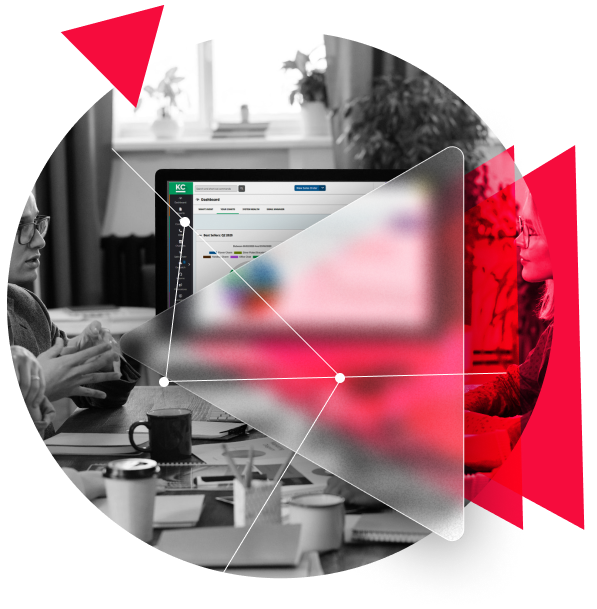 a computer displaying a system with graphic shapes overlayed on top of the image
