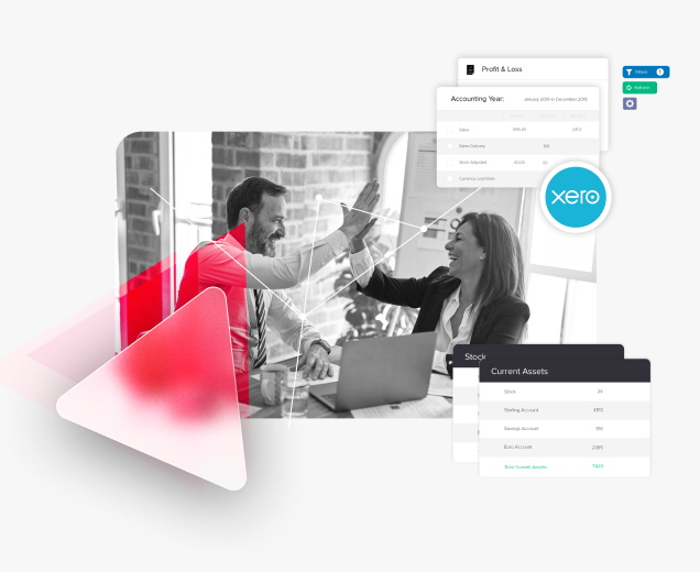 Two people having a meeting with graphical shapes overlayed on top and system screenshots