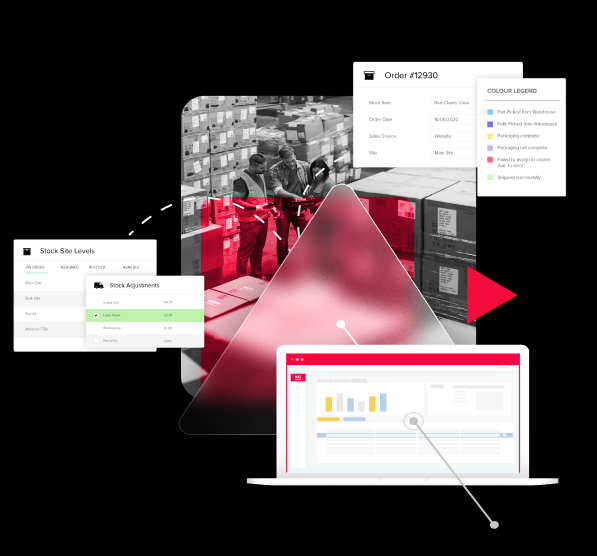 collection of images displaying a warehouse, a system on a laptop and system screenshot elements
