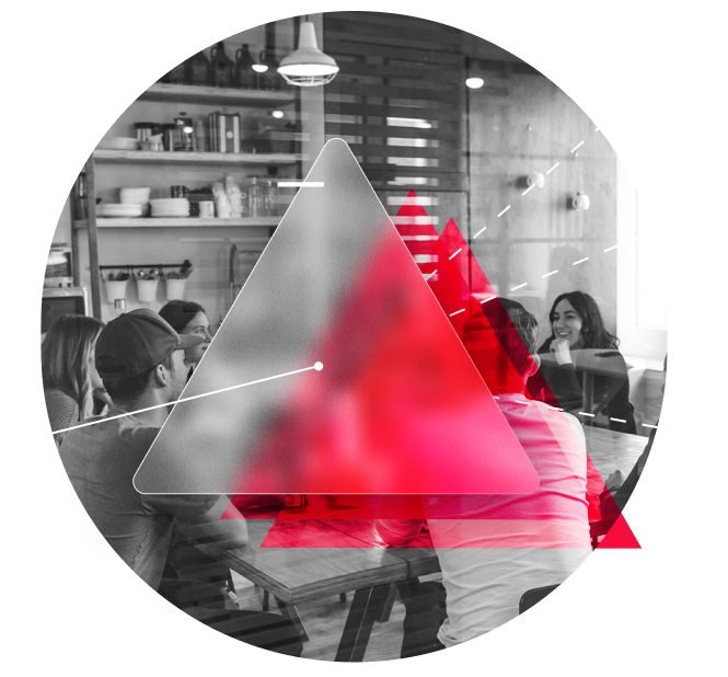 image of an office space with grphic elements and red triangles layered over the top