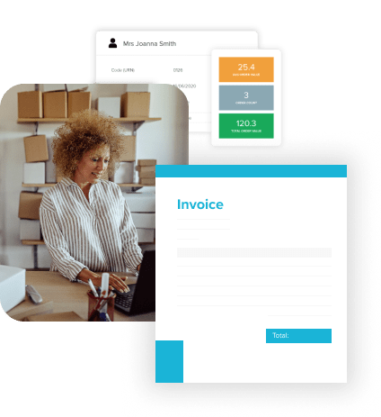 a woman using a laptop with shelves of boxes behind. Graphic illustrations of an invoice overlayed on top.