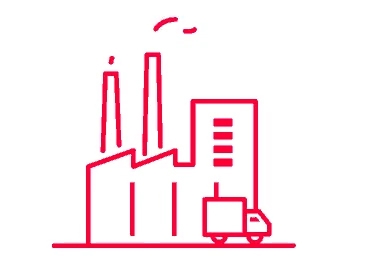 A line drawing of a factory with a van in front of it