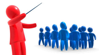 Autocratic business leader graphic of one person holding a stick to a group of people