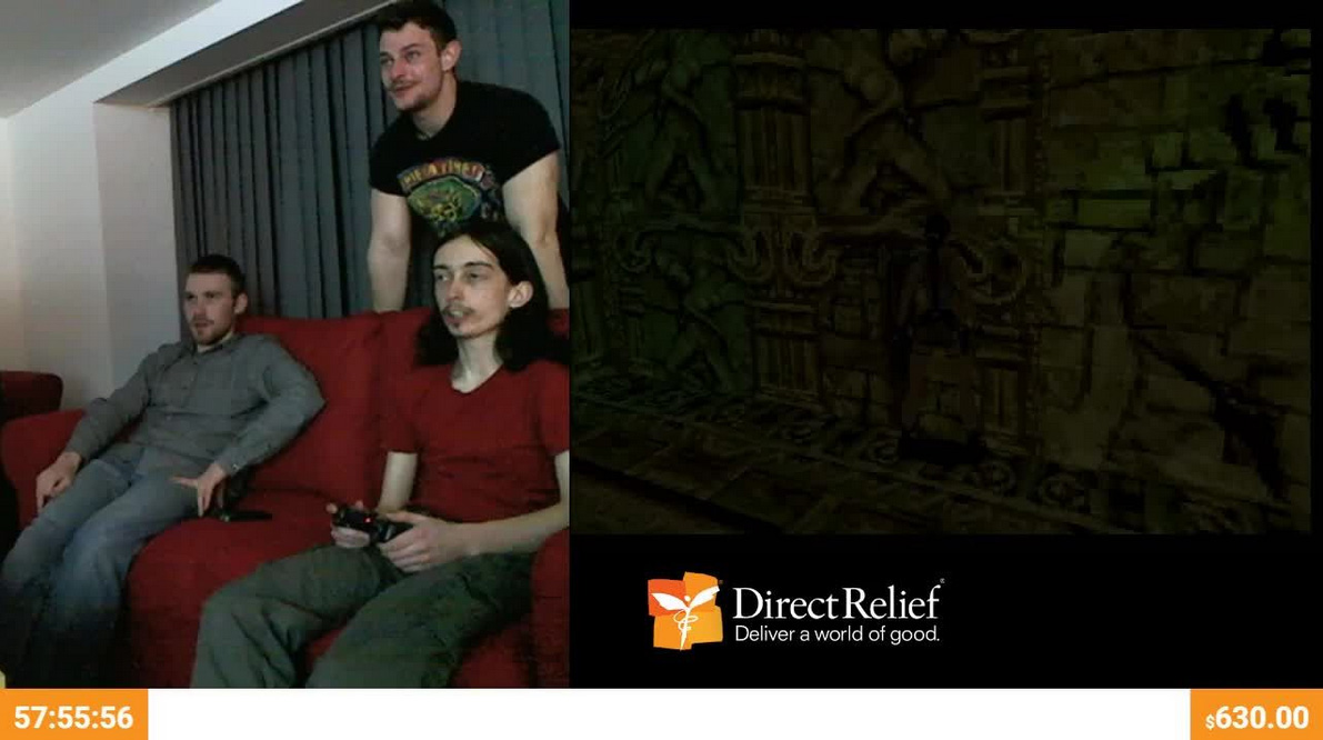 The Direct Relief logo mixed with a faded background of the Khaos Control team playing Tomb Raider